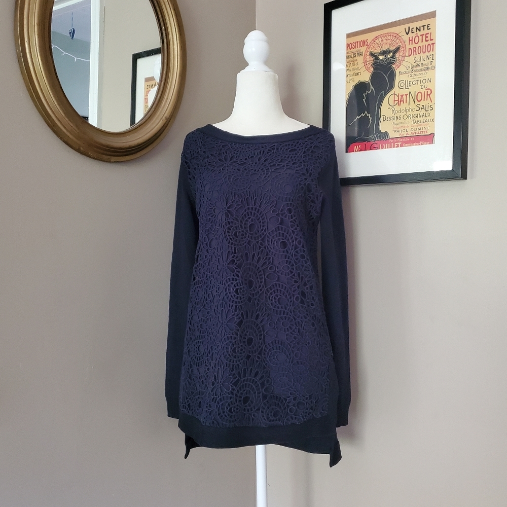 Lela Rose Navy Blue Lace and Cashmere Blend Sweater Size Small